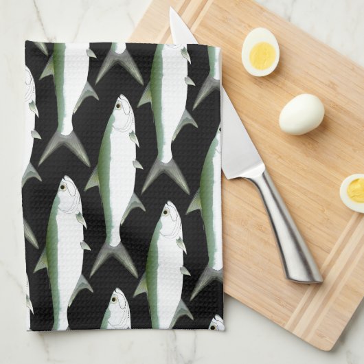 Tarponmuster auf Schwarzem Geschirrtuch (Viertel Falte)