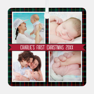 Tartan 4 Foto Collage Baby's First Christmas Ornament Aus Metall