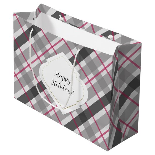 Tartan Balmoral Black Gray Burgundy Große Geschenktüte (Vorderseite Schrägansicht)