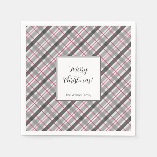 Tartan Balmoral Black Gray Burgundy Mit Monogramm Serviette (Vorderseite)