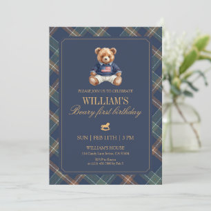 Tartan-Bär Teddy Navy Plaid 1. Geburtstag Einladung