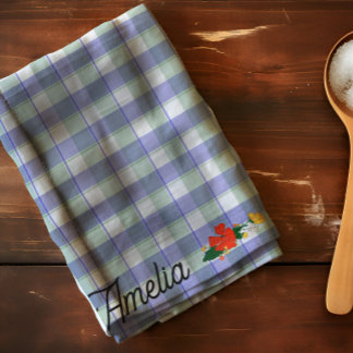 Tartan Blau Grün einfaches Wildblumenmuster Name Geschirrtuch