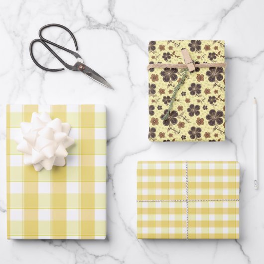 Tartan-Blumen gelb braun Set Geschenkpapier (Vorderseite)