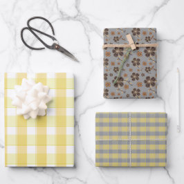 Tartan-Blumen-Gelb-Grau-Set Geschenkpapier Set