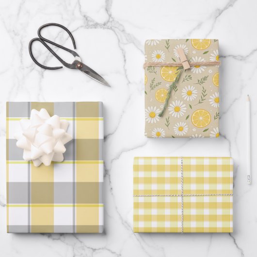Tartan daisy lemon yellow beige set wrapping paper geschenkpapier set (Vorderseite)