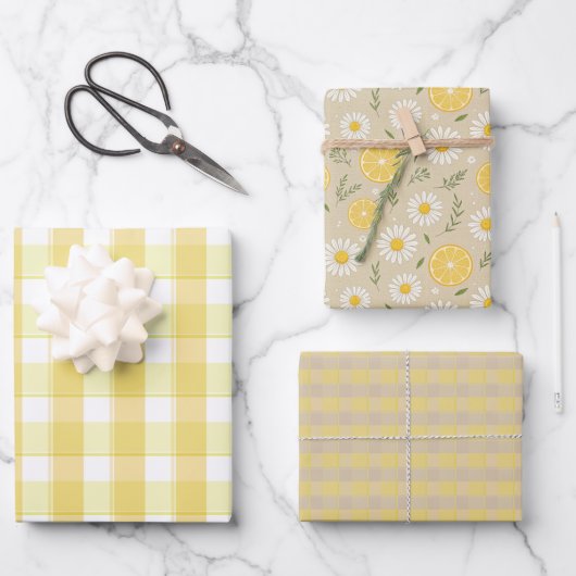 Tartan daisy lemon yellow beige set wrapping paper geschenkpapier set (Vorderseite)