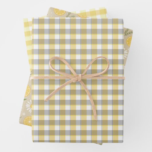 Tartan daisy lemon yellow beige set wrapping paper geschenkpapier set (Beispiel)
