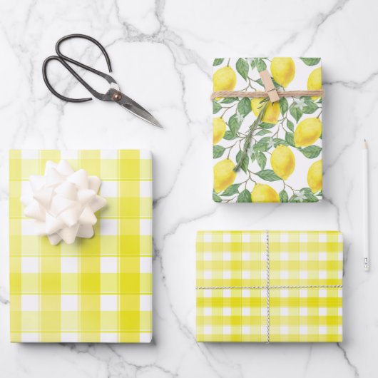 Tartan daisy lemon yellow green set wrapping paper geschenkpapier set (Vorderseite)