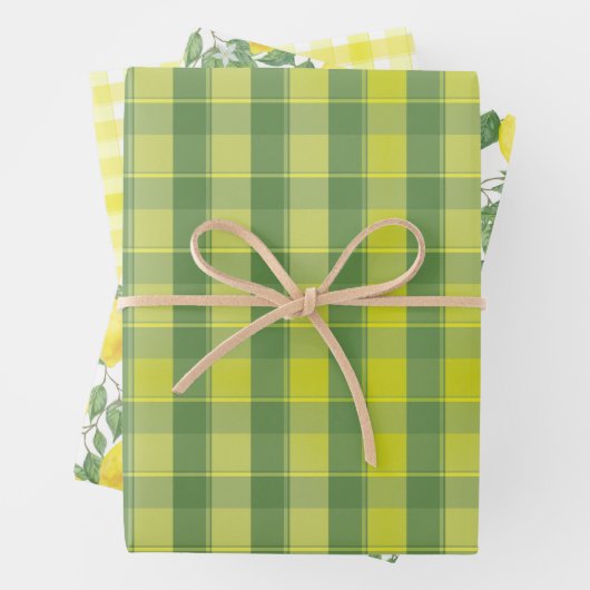 Tartan daisy lemon yellow green set wrapping paper geschenkpapier set (Beispiel)