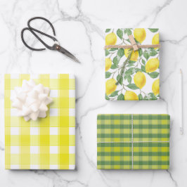 Tartan daisy lemon yellow green set wrapping paper geschenkpapier set