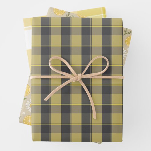 Tartan daisy lemon yellow grey set wrapping paper geschenkpapier set (Beispiel)
