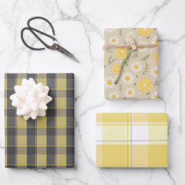 Tartan daisy lemon yellow grey set wrapping paper geschenkpapier set