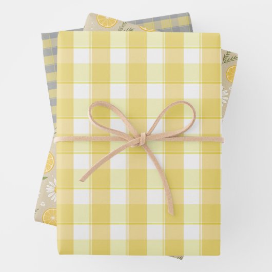 Tartan daisy lemon yellow grey set wrapping paper geschenkpapier set (Beispiel)