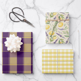 Tartan daisy lemon yellow purple wrapping paper geschenkpapier set
