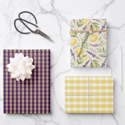 Tartan-Daisy-Limonengelb-Violett-Geschenkpapier Geschenkpapier Set (Vorderseite)