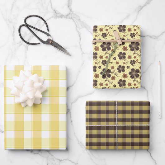 Tartan flower yellow brown set wrapping paper geschenkpapier set (Vorderseite)