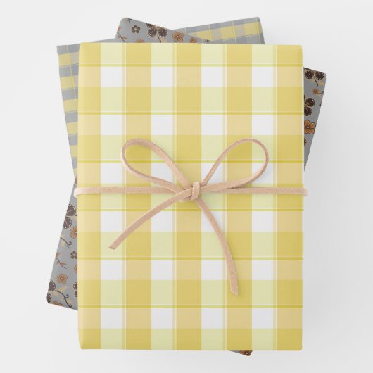 Tartan flower yellow grey set wrapping paper geschenkpapier set (Beispiel)