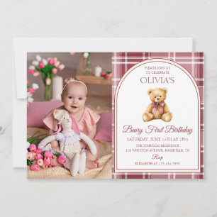 Tartan-Foto-Geburtstag Teddybär mit rosa Schleife Einladung
