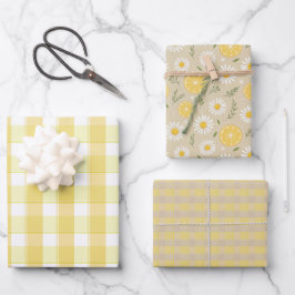Tartan Gänseblümchen Zitronengelb Beige Set Gesche Geschenkpapier Set