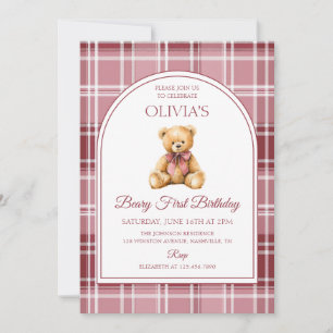 Tartan-Geburtstags-Teddybär mit rosa Schleife Einladung