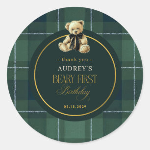 Tartan Grün Polo Karo Teddy Beary 1. Geburtstag Runder Aufkleber