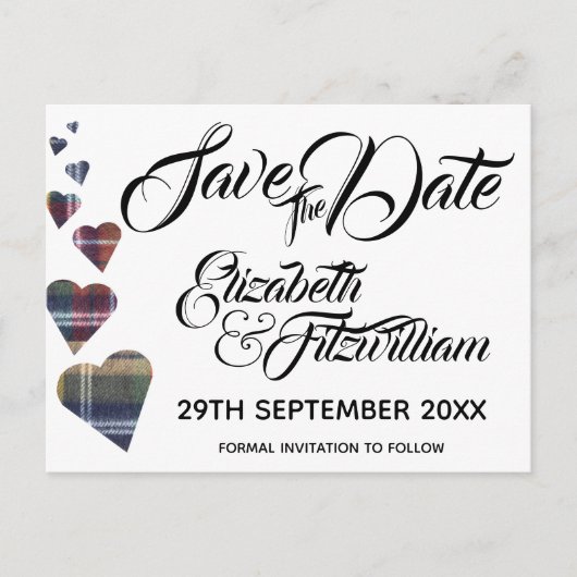 Tartan Hearts Save the Date Postkarte (Vorderseite)