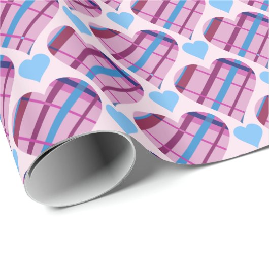 Tartan Herz Muster Pink und Blau Valentine Geschenkpapier (Rolleneckpunkt)
