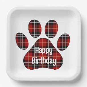 Tartan Kariert Birthday Pawprints Pappteller