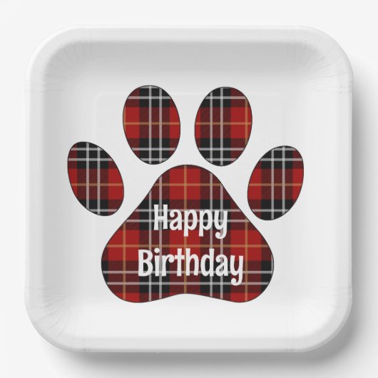 Tartan Kariert Birthday Pawprints Pappteller (Vorderseite)