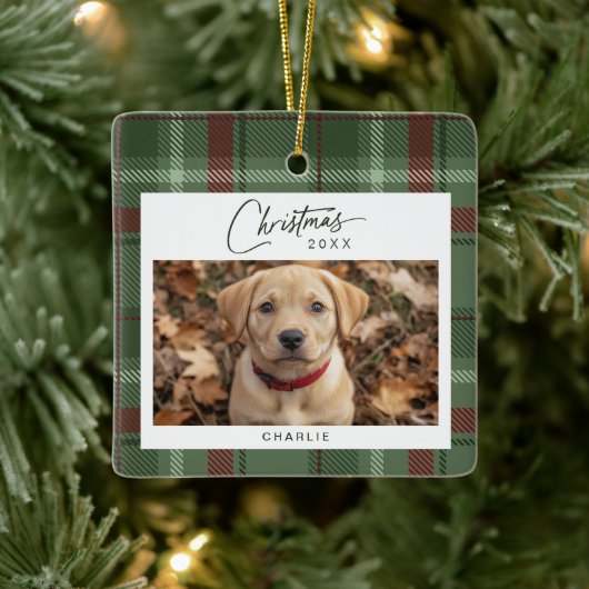 Tartan Kariert Dog Foto Weihnachten Keramikornament (Baum)