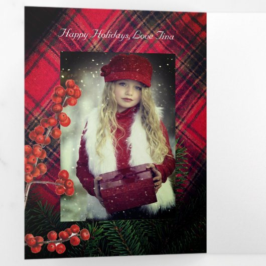 Tartan Kariert Red Personalisiert White Script Dreifach Gefaltete Urlaubskarte (Innen Erste Seite)