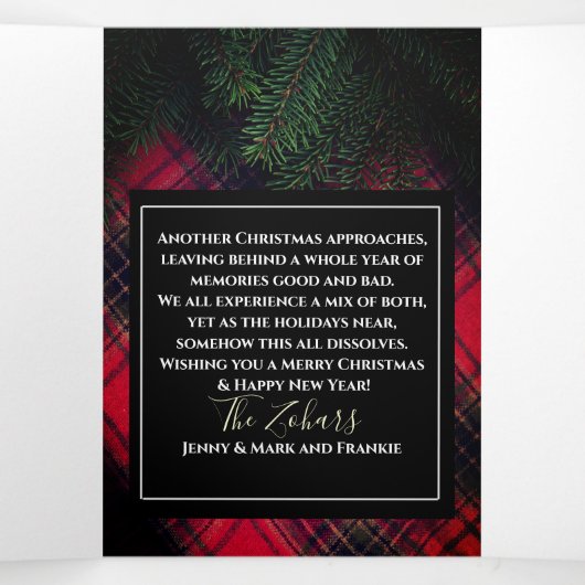 Tartan Kariert Red Personalisiert White Script Dreifach Gefaltete Urlaubskarte (Innenseite Mitte)