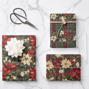 Tartan Kariert & Red Poinsettia Weihnachtsfeiertag Geschenkpapier Set