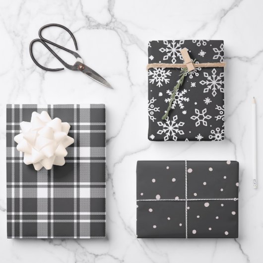 Tartan Kariert und Snowflake Monochrom Geschenkpapier Set (Vorderseite)