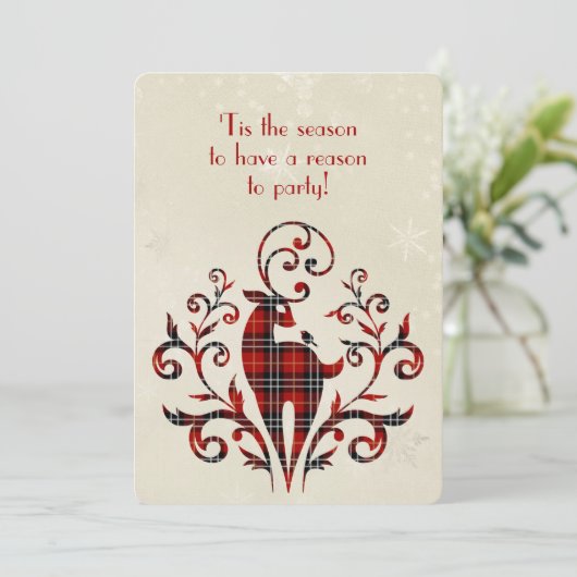 Tartan Kariertes Hirsch über Snowflake Design Einladung (Stehend Vorderseite)