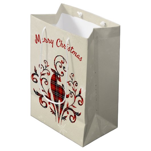 Tartan Kariertes Hirsch über Snowflake Design Mittlere Geschenktüte (Vorderseite Schrägansicht)