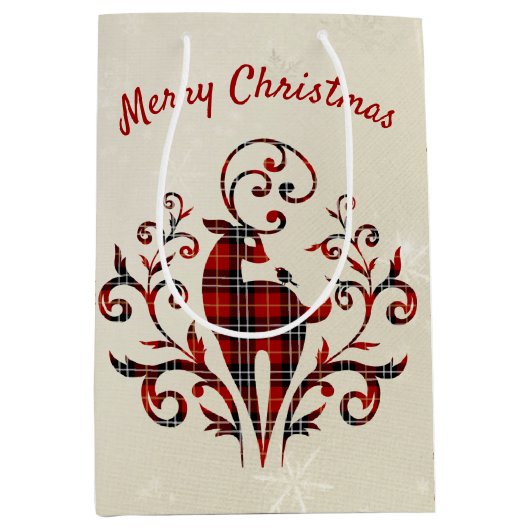 Tartan Kariertes Hirsch über Snowflake Design Mittlere Geschenktüte (Vorderseite)