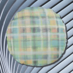 Tartan kariertes, modernes pastellgraues Gelb Rundes Kissen