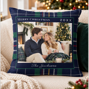 Tartan Karo Blau Grün Foto Weihnachten Kissen