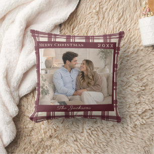Tartan Karo Burgund Rot Creme Foto Weihnachten Kissen