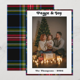 Tartan-Karo-Familien-Weihnachtsfoto mit Frieden un Feiertagskarte