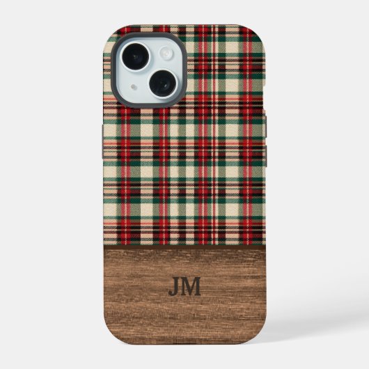 Tartan-Karo-Handyhülle mit Holz-Monogramm iPhone 15 Hülle (Rückseite)