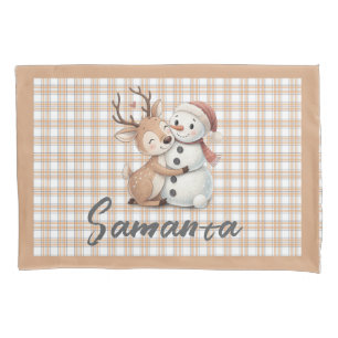 Tartan-Karo-Rentier-Schneemann beige weiß Name Kissenbezug