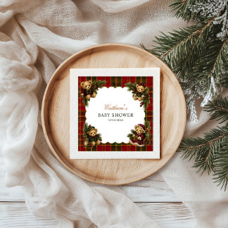Tartan-Karo-Weihnachts-Babyshower mit Teddybär Serviette