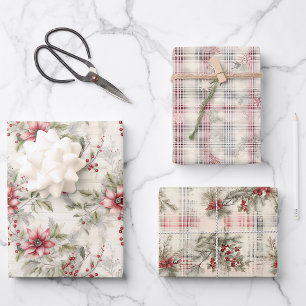 Tartan Karo Weihnachtsstern Beeren Weihnachten   Geschenkpapier Set
