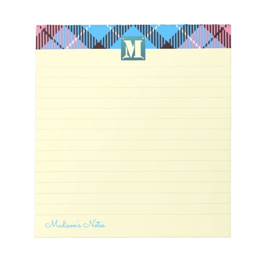 Tartan Leather Custom Script Monogram Cream Linken Notizblock (Vorderseite)