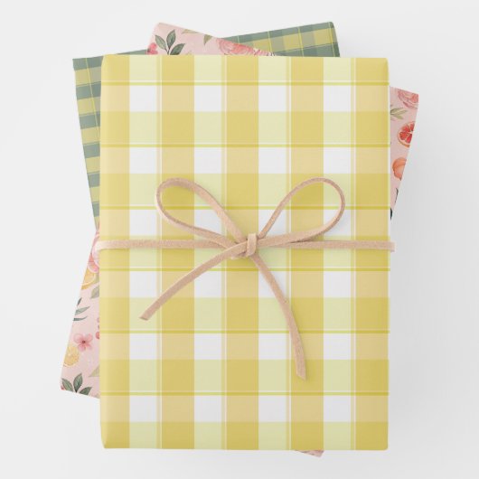 Tartan lemon yellow peach green set wrapping paper geschenkpapier set (Beispiel)