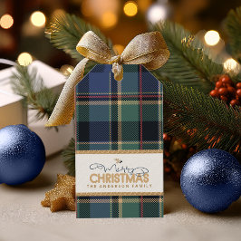 Tartan Merry Christmas Blue Gold Frame ID1141B Geschenkanhänger