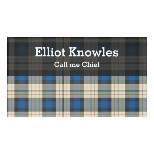 Tartan-Muster - traditionelles blaues Beige Namenschild (Vorderseite)