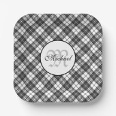Tartan-Muster Weihnachten schwarz weiß Monogramm Pappteller (Vorderseite)